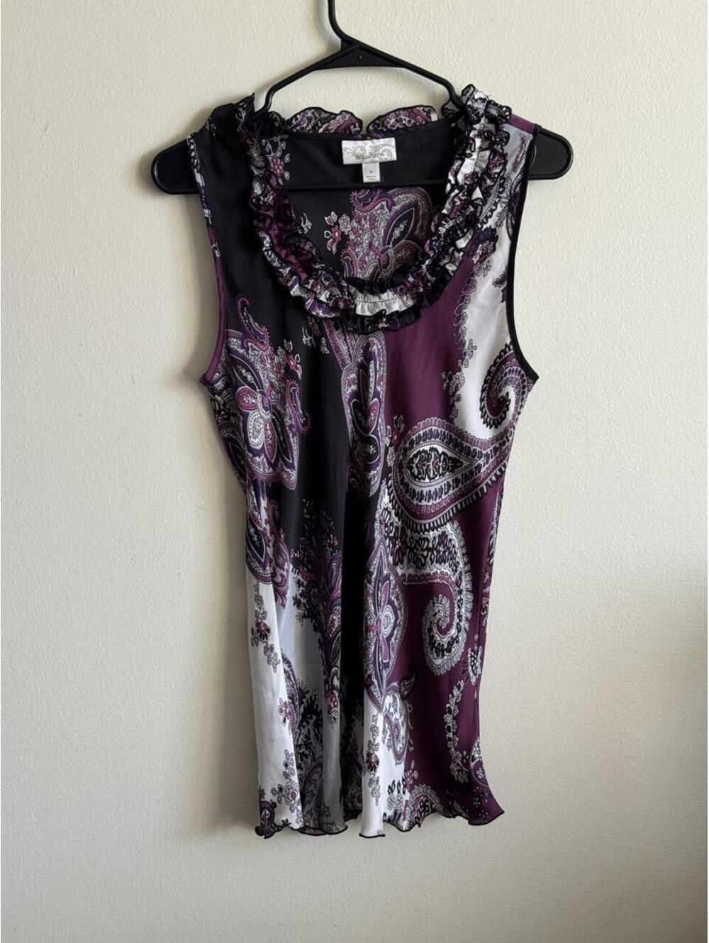Dressbarn purple, black, and white paisley print blouse with ruffle neckline